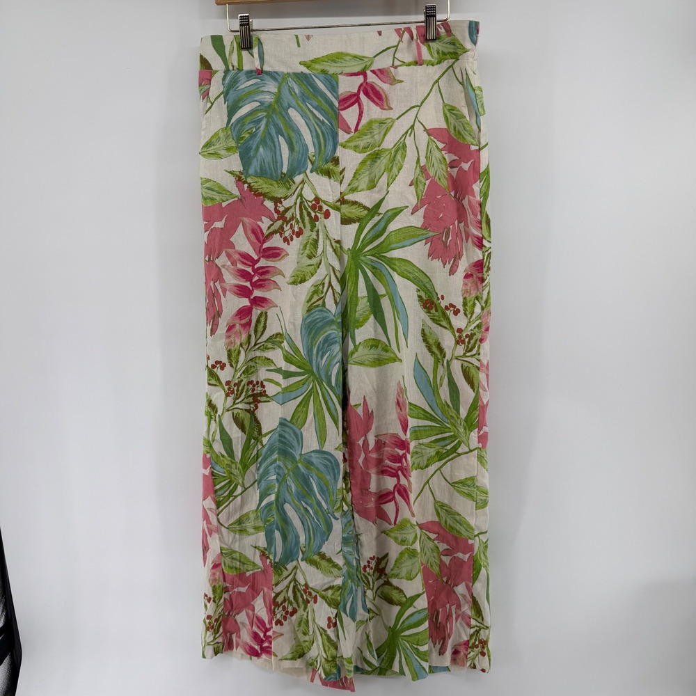 Nicole Miller New York Tropical Floral Linen Blend Wide Leg Pants Green Pink L